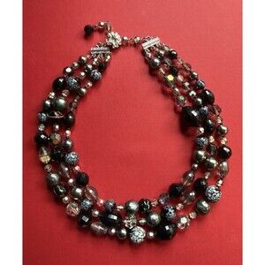 Vintage Signed Vendome Art Glass Black AB Bead Triple Strand Choker Necklace